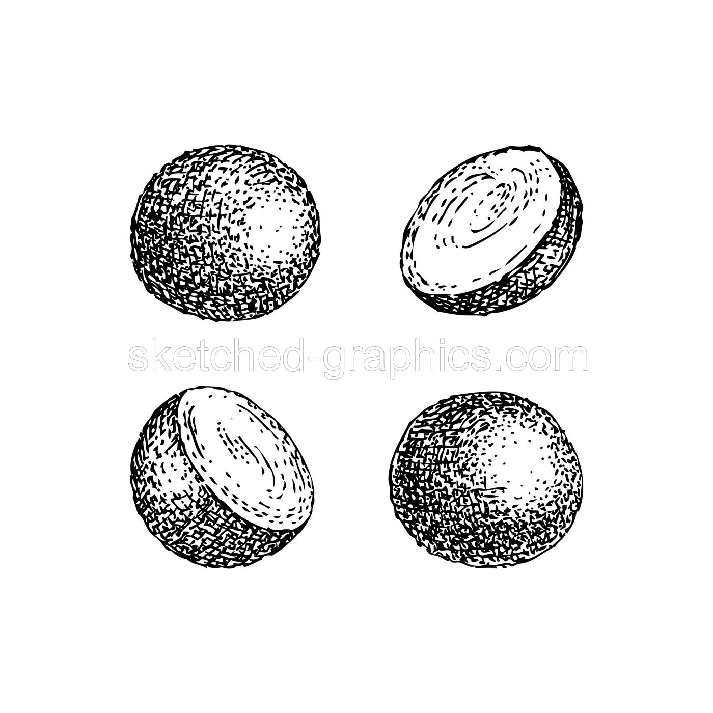 Marzipan balls in cocoa powder sketches set. Hand-drawn vector illustration. Marzipan candy drawings. Christmas market food, dessert, confectionary design elements Illustration